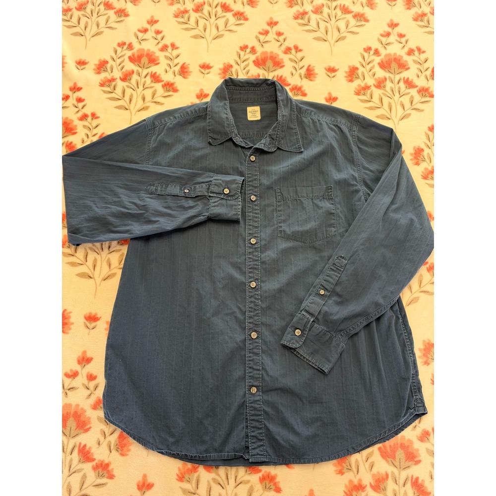 Old Navy Mens Large Navy Blue Shadow Stripe 100% Cotton Long Sleeve Button Shirt